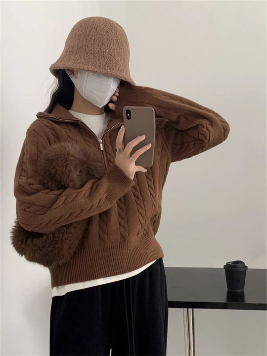 Damen kuscheliger Strickpullover mit hochschließendem Kragen und Zipper EB