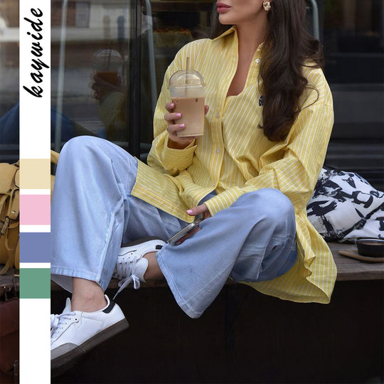 Damen nan oversized gestreifte Hemdbluse mit verlängertem Rückteil und extraweiten Manschetten EB