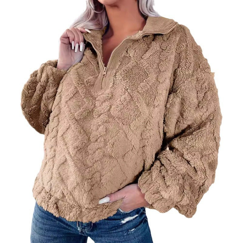 Damen Kuscheliger Fleece-Pullover mit hohem Kragen und Halb-Reißverschluss EB