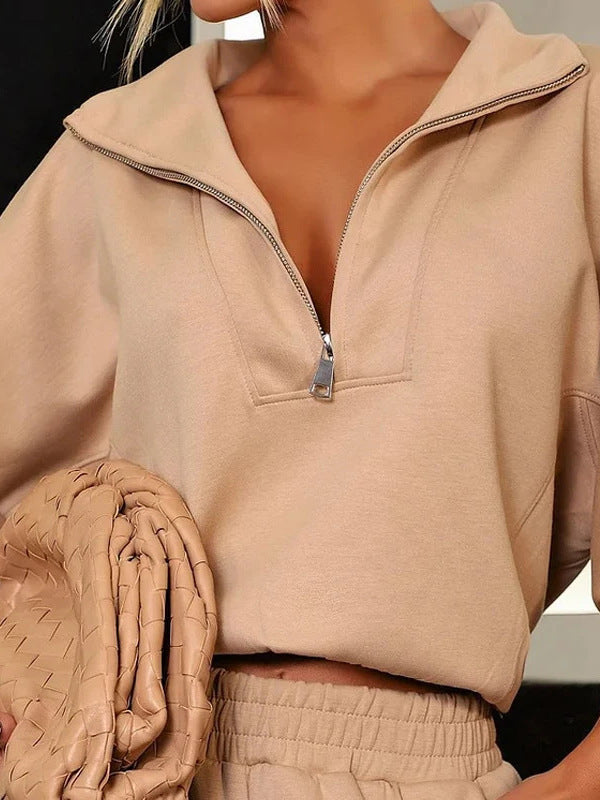 Damen Freizeit-Loungewear Set mit hohem Kragen und seitlichen Taschen EB