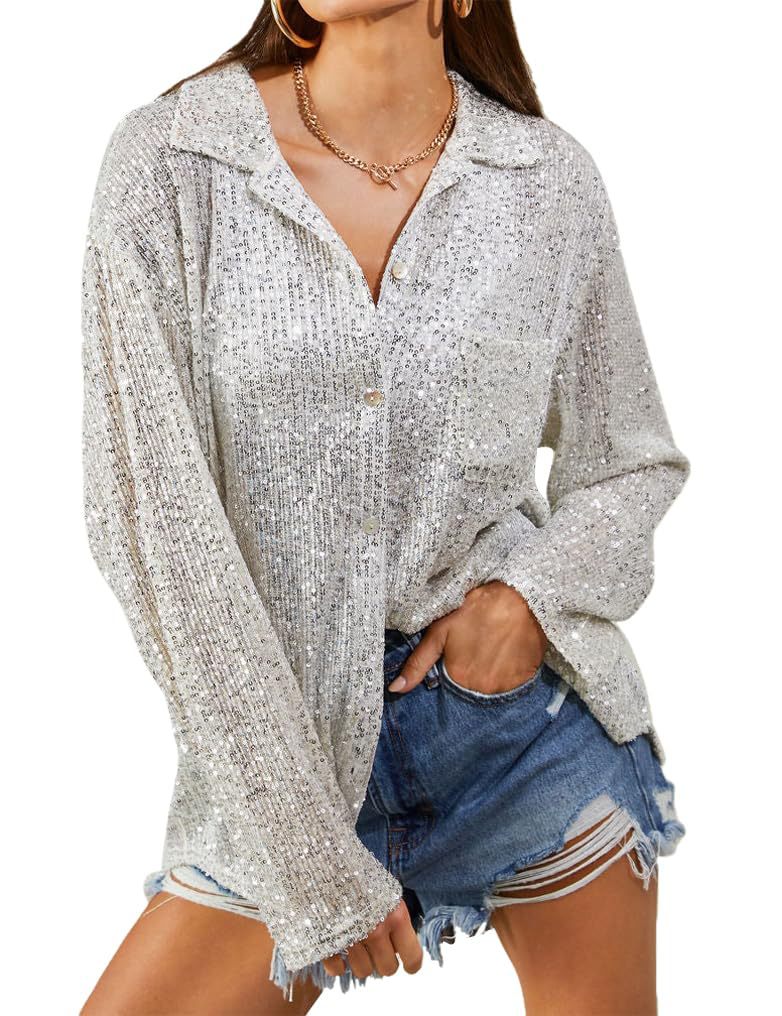 Damen Glitzernde Oversize-Bluse mit lässigem Schnitt EB