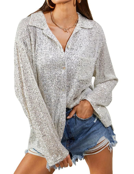 Damen Glitzernde Oversize-Bluse mit lässigem Schnitt EB