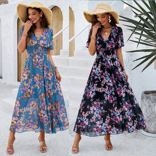 Damen Maxikleid mit floralen Details und elastischem Taillenbund EB