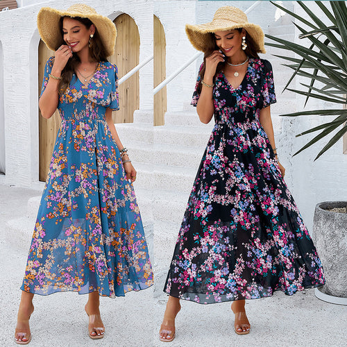 Damen Maxikleid mit floralen Details und elastischem Taillenbund EB