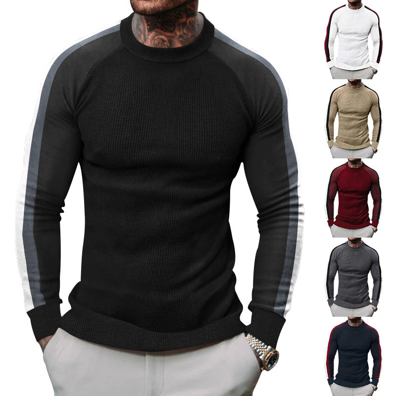 Herren sportlicher Strickpullover mit kontrastierenden Ärmeln und hohem Kragen EB