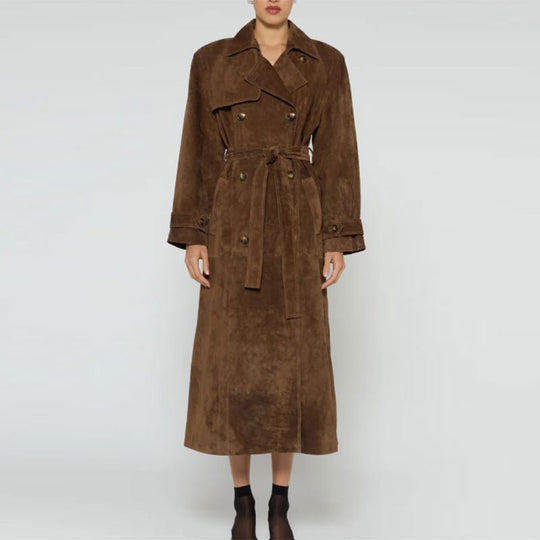 Damen Eleganter Wildleder-Trenchcoat mit tailliertem Schnitt und abnehmbaren Gürtel EB