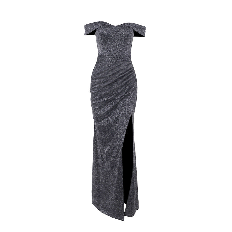 Damen schulterfreies Maxikleid mit elegantem Schlitz und glitzerndem Stoff EB