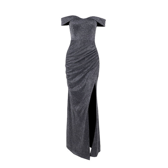 Damen schulterfreies Maxikleid mit elegantem Schlitz und glitzerndem Stoff EB