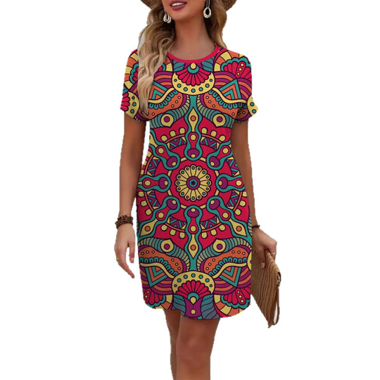 Damen farbenfrohes Mandala Kleid im lässigen Schnitt EB