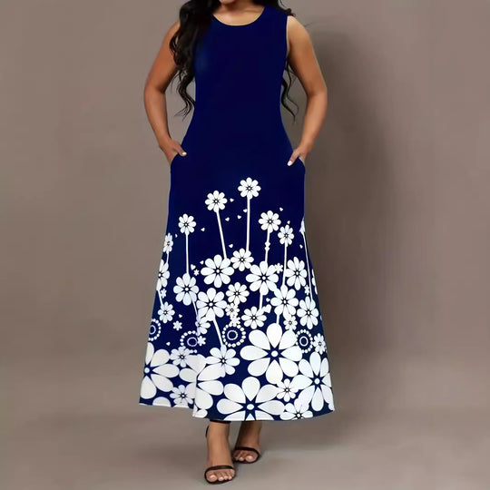 Damen Maxikleid mit floralen Akzenten und seitlichen Eingrifftaschen EB