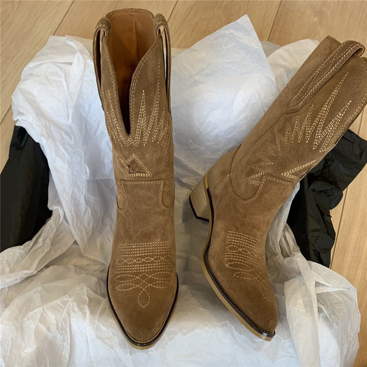 Damen nan Wildleder Westernstiefel mit spitzer Kappe und mittelhohem Blockabsatz EB