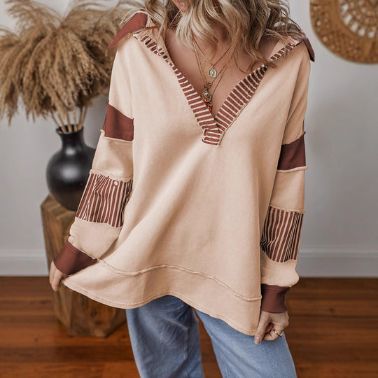 Damen lässiger Pullover mit Hemdkragen und gestreiften Ärmeln EB