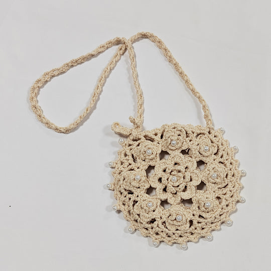 Damen handgefertigte Häkel-Handtasche mit Perlenschmuck EB