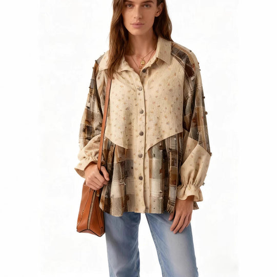 Damen Patchwork-Bluse-Jacke mit plissiertem Saum und Knopfleiste EB
