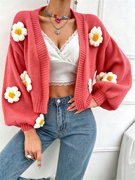 Damen Kurzgeschnittener Grobstrick-Cardigan mit 3D-Blütenapplikationen EB