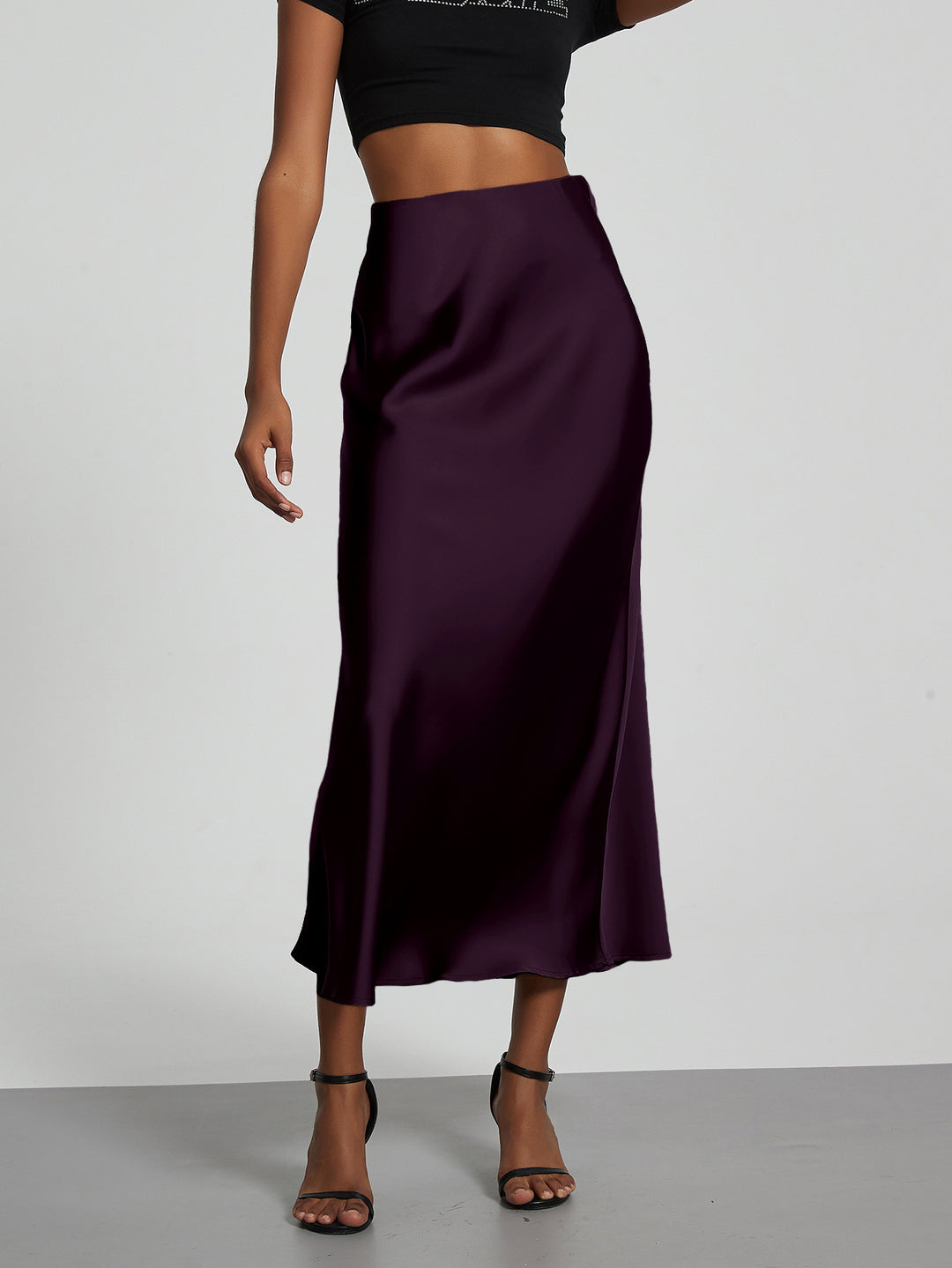 Damen Stilvolle Satin-Stretchrock mit hohem Bund und fließendem Schnitt EB