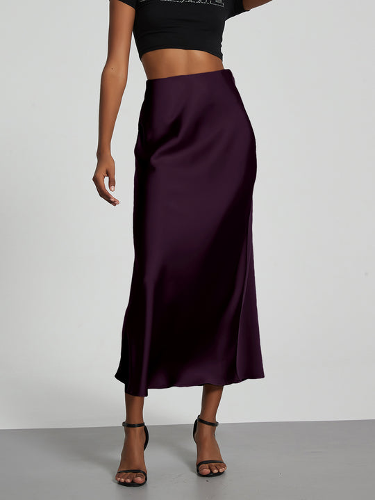 Damen Stilvolle Satin-Stretchrock mit hohem Bund und fließendem Schnitt EB
