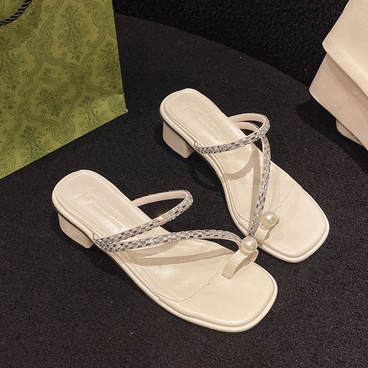Damen elegante Riemensandalen mit glänzenden Perlenakzenten EB