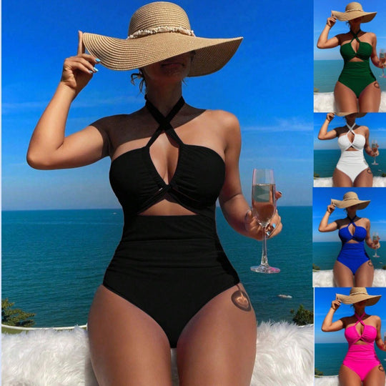 Damen einteiliger Badeanzug mit innovativem Cut-Out-Design und verspieltem Schleifenband EB