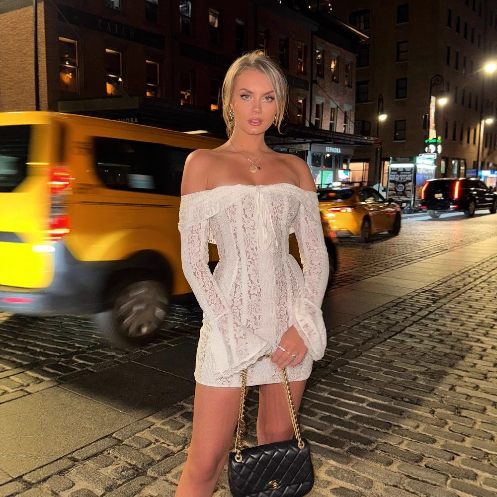 Damen Spitzenoberteil mit Off-Shoulder Design und langen Ärmeln EB