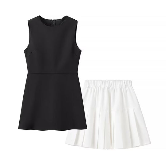 Damen elegantes ärmelloses Kleid mit hohem Kragen und schwingendem Rock EB