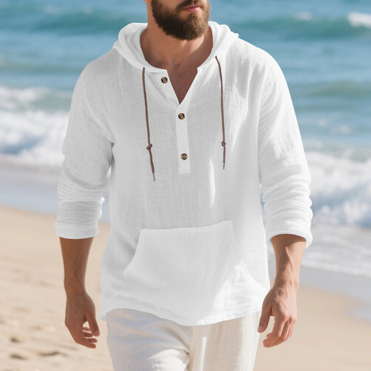 Herren Leichter Kapuzen-Henley aus Baumwoll-Leinen mit Kängurutasche EB