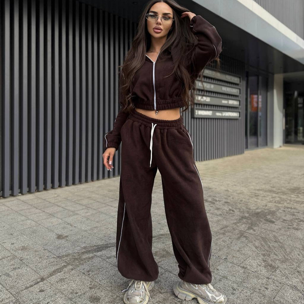 Damen Gekürztes Zip-Fleece-Set mit tailliertem Kordelbund und weitem Hosenbein EB