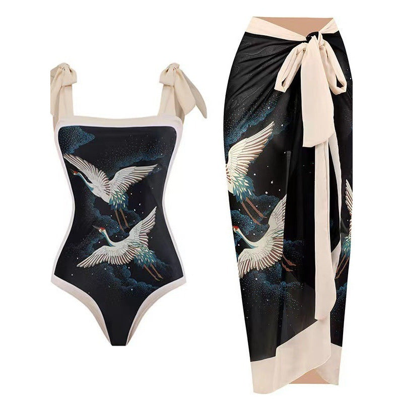 Damen Einteiliger Badeanzug mit stilvollem Wickelrock und modischem Muster EB
