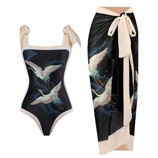 Damen Einteiliger Badeanzug mit stilvollem Wickelrock und modischem Muster EB