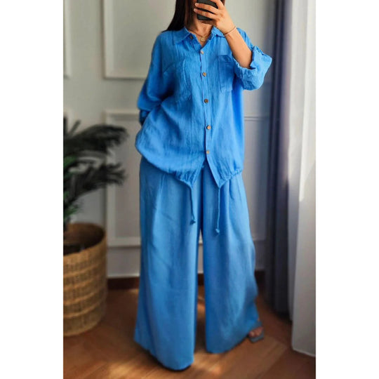 Damen Leinen-Set mit weiten Hosen undlässiger Bluse EB