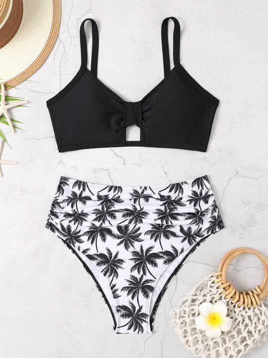 Damen Bikini-Set mit floralem Hochbund und modischem Knoten EB
