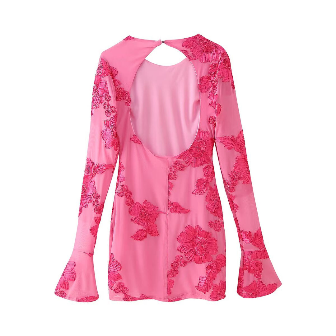 Damen Blusenkleid mit floralem Schmuckdesign und transparenten Ärmel EB