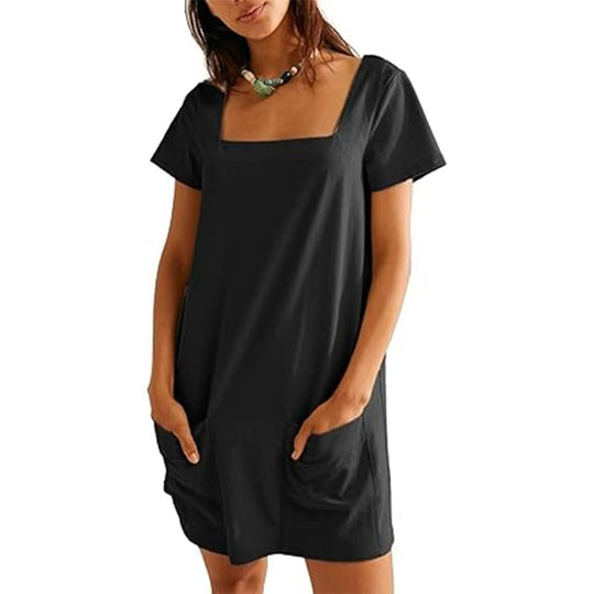 Damen lässiges Tunika-Kleid mit praktischen Taschen und Quadrat-Ausschnitt EB