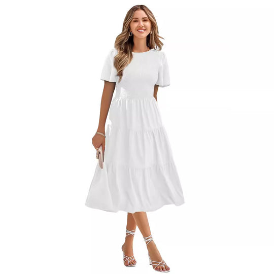 Damen Langes Wickelkleid mit elastischem Taillenbund und kurzen Ärmeln EB