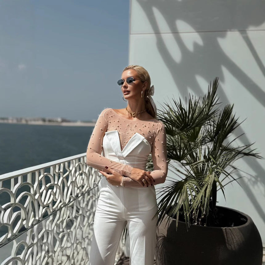 Damen eleganter Jumpsuit mit transparenten Ärmeln und Perlenverzierung EB