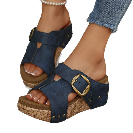 Damen Clogs mit modischem Kork-Plateau und verstellbarem Riemen EB