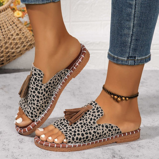 Damen Offene Pantoletten mit Quaste im Espadrille‑Stil EB