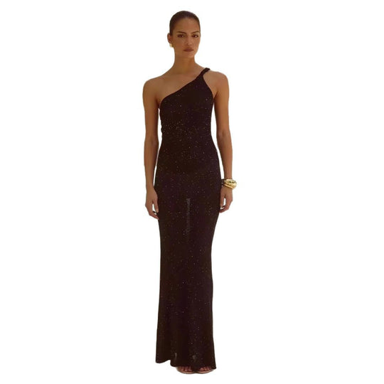 Damen Elegantes Maxikleid mit asymmetrischem Träger und schimmernden Akzenten EB
