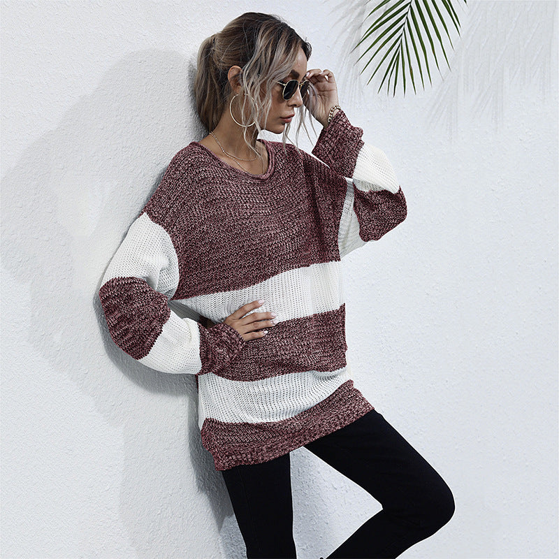 Damen Oversized Strickpullover mit gestreiftem Muster und lässigem Schnitt EB
