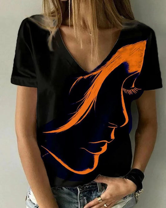 Damen V-Ausschnitt T-Shirt mit kreativem Grafikdruck EB