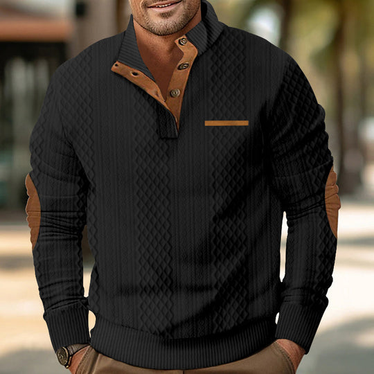 Herren nan strukturierter Stehkragen-Pullover mit halber Knopfleiste und Ellbogen-Patches EB