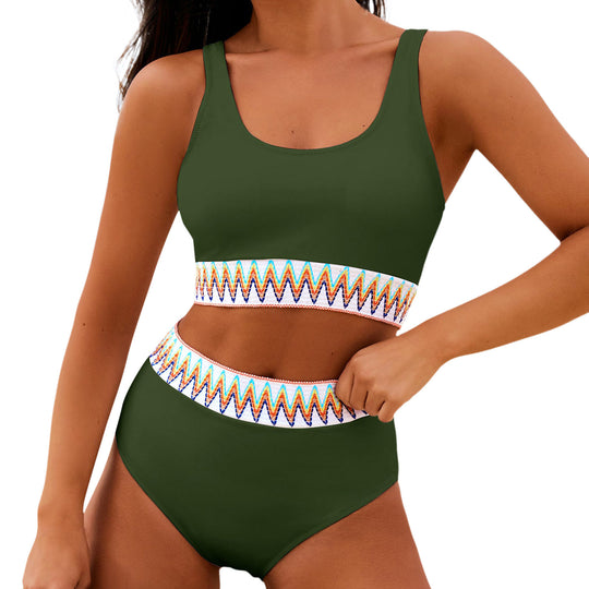 Damen Hoch tailliertes Bikini-Set mit modischem gestreiftem Bund EB