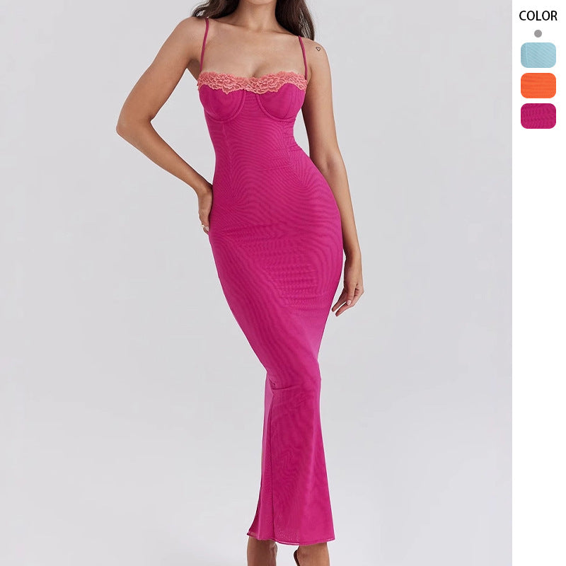 Damen figurbetontes Maxikleid mit transparentem Saum und romantischem Spitzenakzent EB