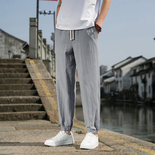 Herren nan tapered Leinen-Baumwoll-Jogger mit Kordelzug, elastischem Knöchelbündchen und schlanker Silhouette EB