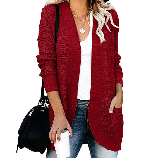 Damen lässige Strickjacke mit offenen Ärmeln und praktischen Taschen EB