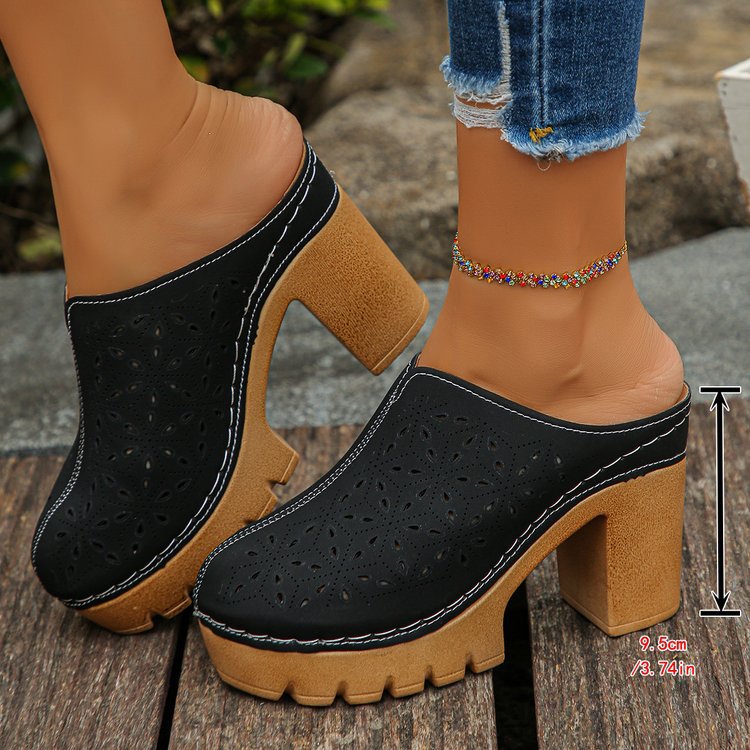 Damen Offene Clogs mit floralem Cut-Out Design und klobigem Absatz EB