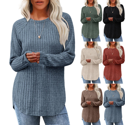 Damen lässiges Rippenstrickshirt mit langem Arm und Seitenschlitzen EB