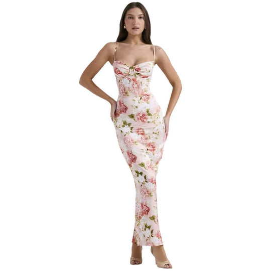 Damen Körperbetontes Maxikleid mit floralen Akzenten und verstellbaren Spaghettiträgern EB