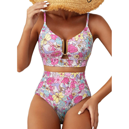 Damen Hoch geschnittener Bikini mit floralem Muster und Leo-Print EB