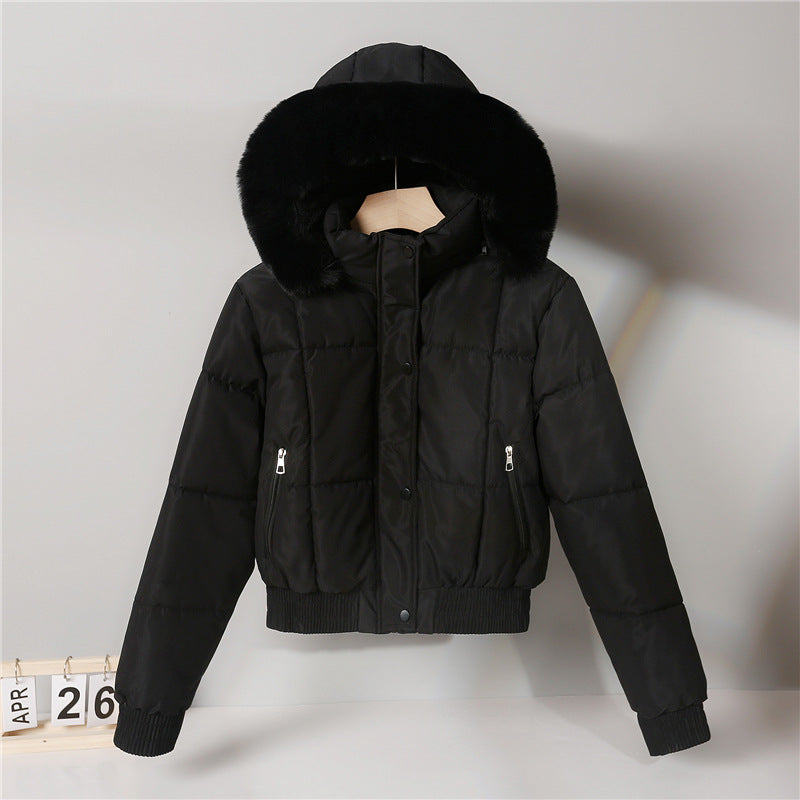 Damen nan kurzer isolierender Kapuzenblouson mit voluminöser Pelzkragenblende und elastischem Rippsaum EB